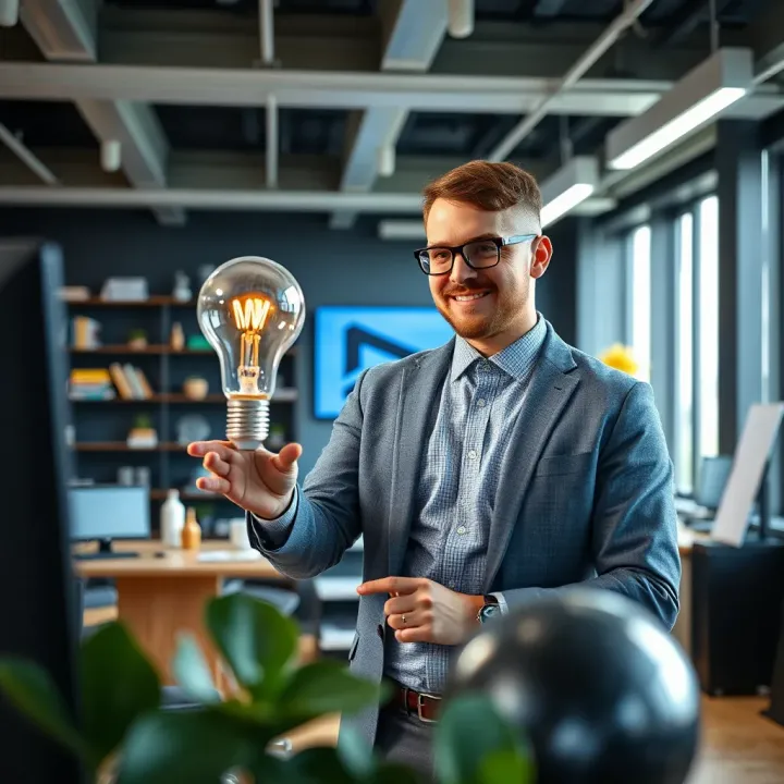 Entrepreneur showcasing innovative invention in a modern workspace