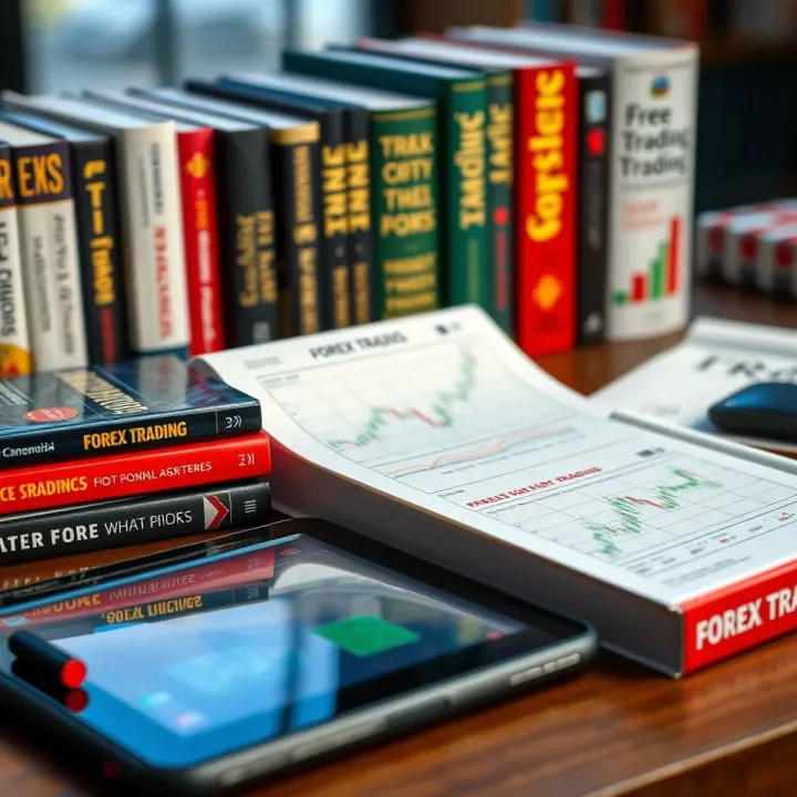 Collection of forex trading books and a digital tablet showing trading strategies