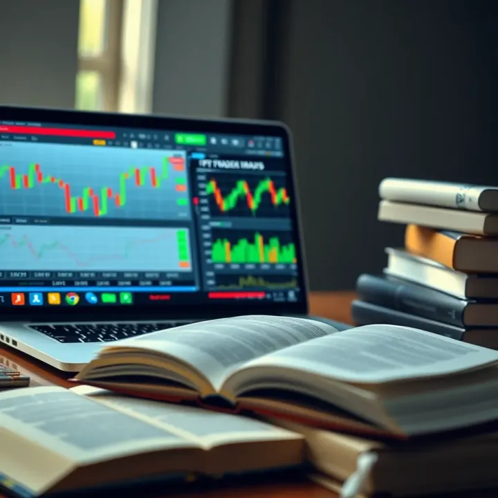 Open laptop displaying forex trading charts and books stacked nearby