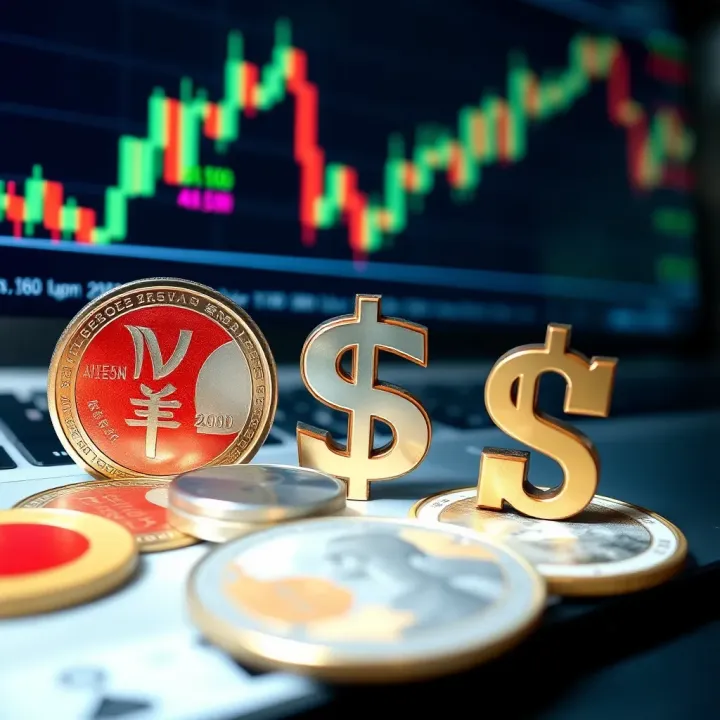 Currency symbols of Japanese yen, Australian dollar, and New Zealand dollar with forex trading graphs