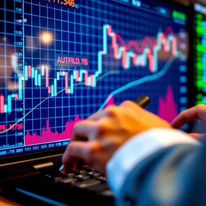 Graph showing upward trend and trading indicators on a digital screen