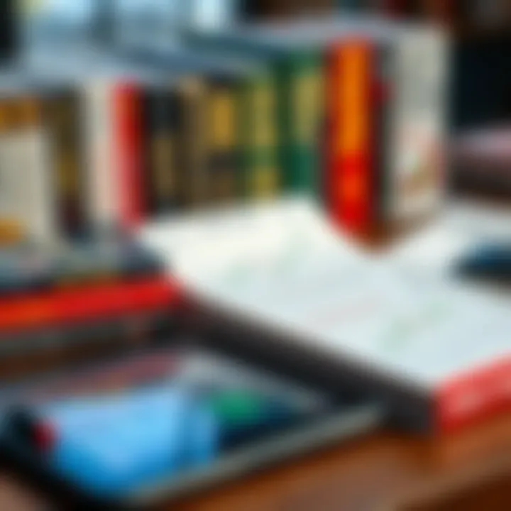 Collection of forex trading books and a digital tablet showing trading strategies