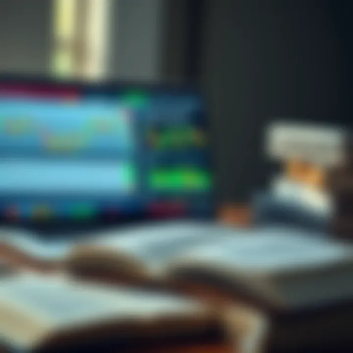 Open laptop displaying forex trading charts and books stacked nearby