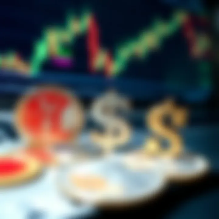 Currency symbols of Japanese yen, Australian dollar, and New Zealand dollar with forex trading graphs