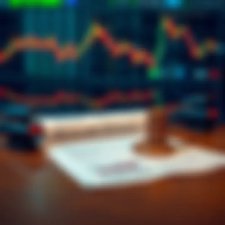 Conceptual representation of regulatory framework with legal documents and digital trading symbols