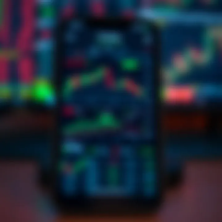 Trading App Interface Showing Market Trends and Options Mobile phone displaying a variety of stock market charts and trading options