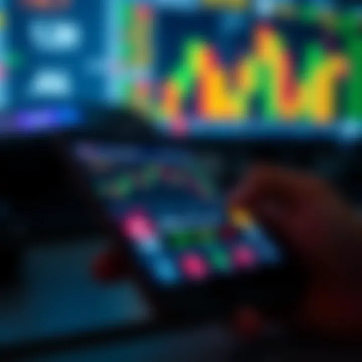 Forex Trading App Interface on Mobile Device Mobile phone displaying a forex trading app interface with live charts and currency pairs