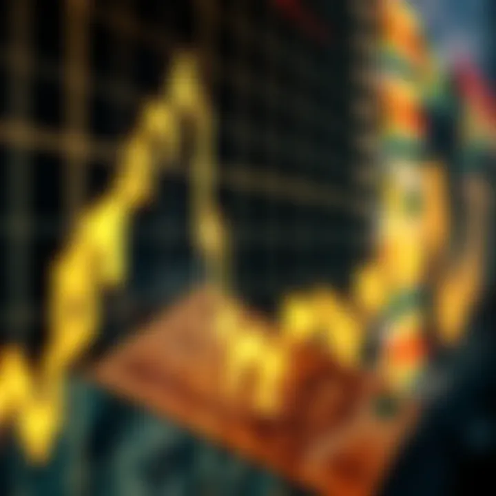 Close-up of a glowing stock market graph overlaid with South African currency notes