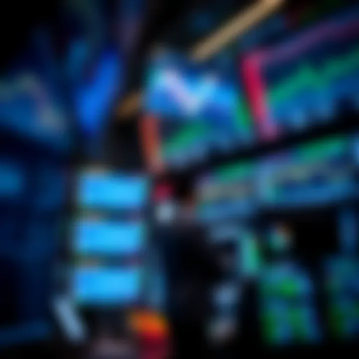 A dynamic trading floor showing multiple digital screens with financial data and charts