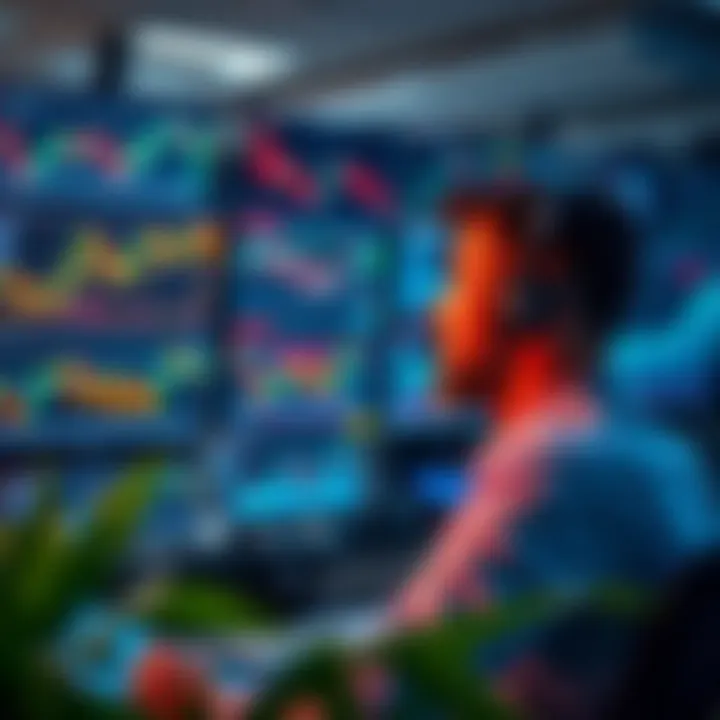 Financial trader analyzing complex market charts on multiple screens in a modern trading room