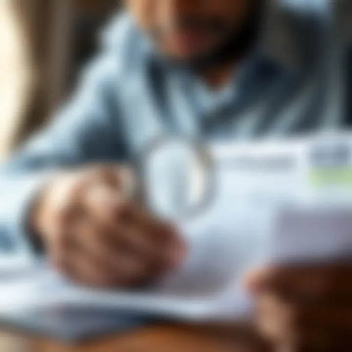 Close-up of a South African borrower reviewing a loan document with a magnifying glass