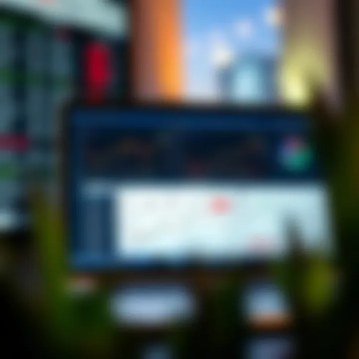 Illustration of a laptop displaying a trading simulation platform with charts and tools