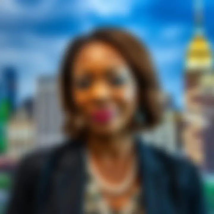 Portrait of Stacey Burke with a background representing her diverse career and community impact