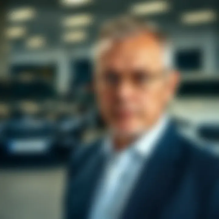 Portrait of Stefan Quandt in a formal setting with a backdrop of luxury vehicles