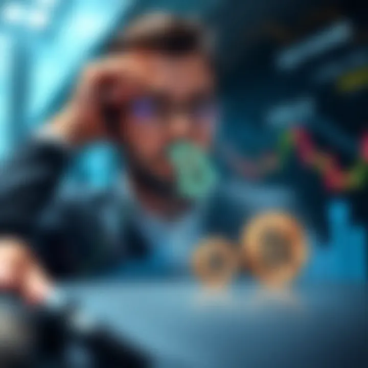 Illustration of digital currency symbols and investment charts symbolizing financial journey and net worth