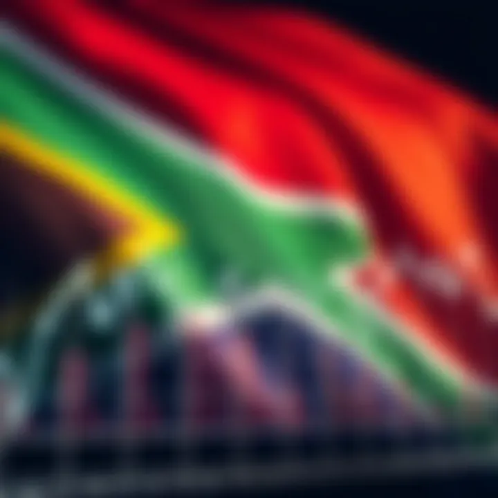 Graph showing currency exchange rate fluctuations with South African flag in background