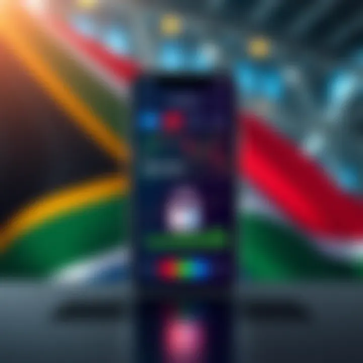 Illustration of secure mobile connection with forex trading app and South African flag in background