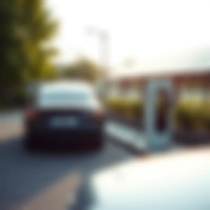 Tesla electric car charging at a solar-powered station in a green urban environment