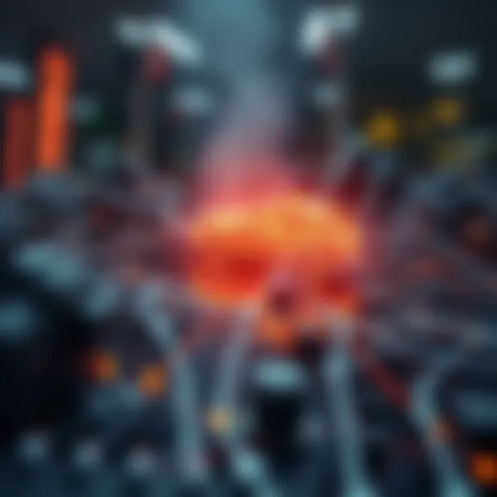Interconnected Systems Experiencing Abrupt Breakdown Illustration showing a complex network of interconnected systems experiencing abrupt breakdowns