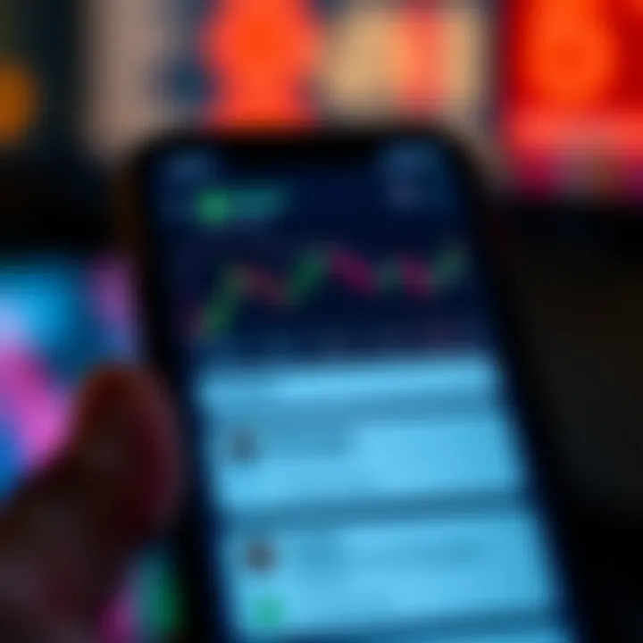 Mobile phone screen displaying forex trading charts and notifications from a WhatsApp group