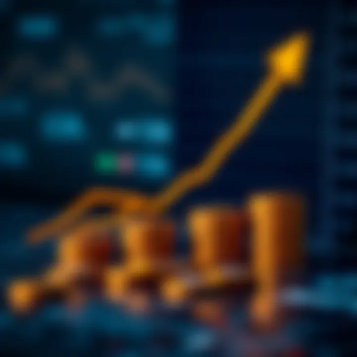 Representation of financial growth with digital currency symbols and upward graph lines