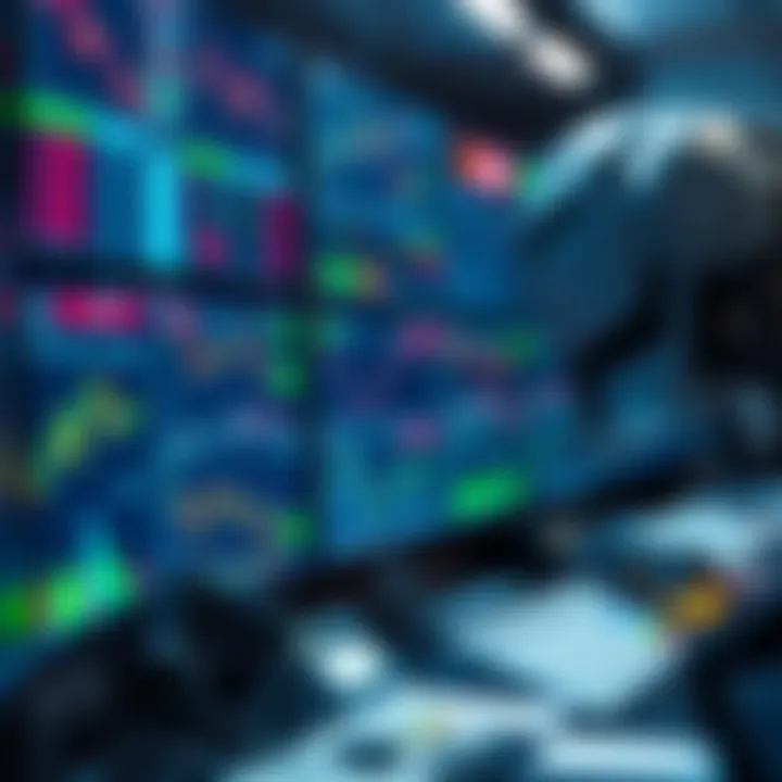 Illustration of automated trading system analyzing financial market data on multiple screens