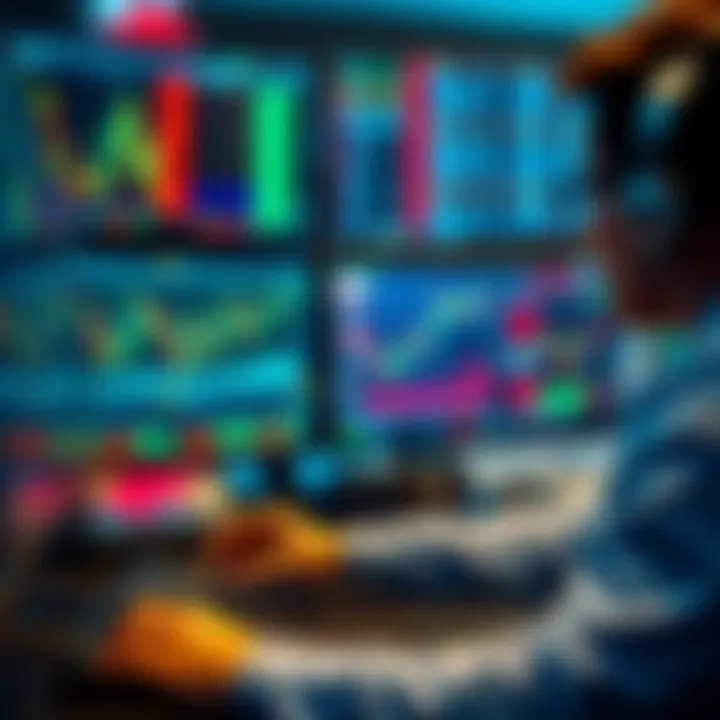 Graphic showing a trader analyzing multiple financial charts and market data on computer screens