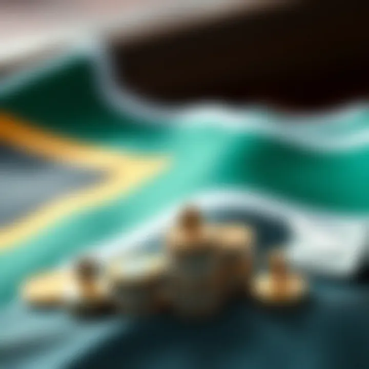 South African flag with forex market symbols and regulatory icons