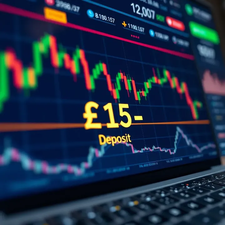 Illustration showing a digital trading platform with currency symbols and a low deposit amount highlighted