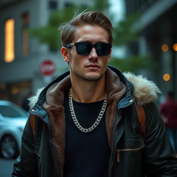 Stylish influencer showcasing a modern urban fashion look with luxury accessories