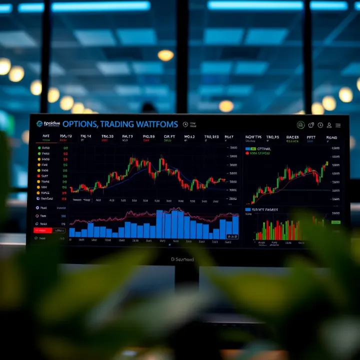 Dashboard of an options trading platform displaying market trends and trading tools