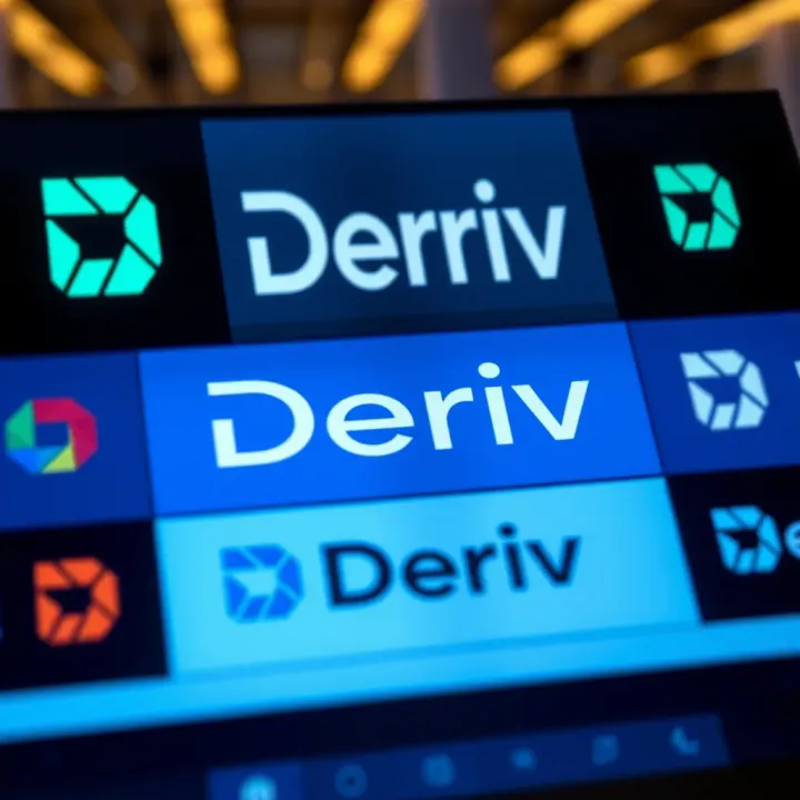 Various applications of the Deriv logo on digital and print platforms showcasing brand consistency