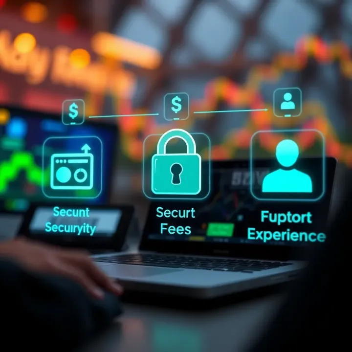 Illustration of secure online trading with icons representing account security, fees transparency, and customer support