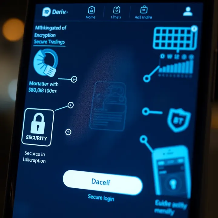 Illustration of security features including encryption and secure login on the Deriv.com app