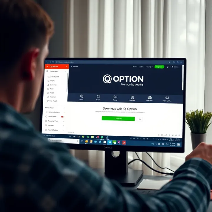 Interface displaying IQ Option download page on a desktop computer