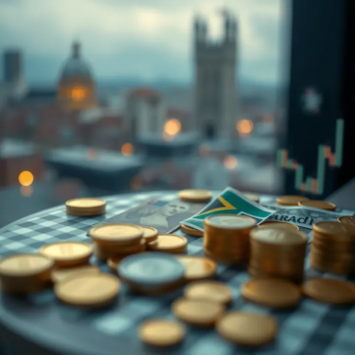 Visual representation of economic indicators and geopolitical events affecting currency exchange between the UK and South Africa