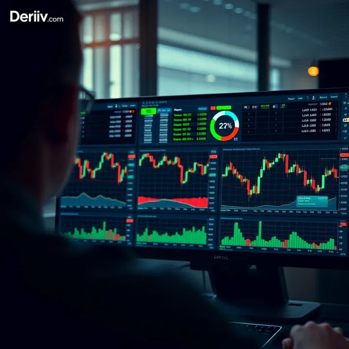 Trading dashboard displaying Deriv.com and MetaTrader 5 charts with market data