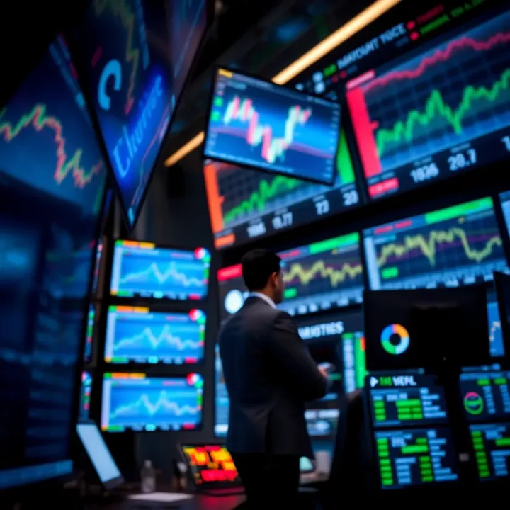 A dynamic trading floor showing multiple digital screens with financial data and charts