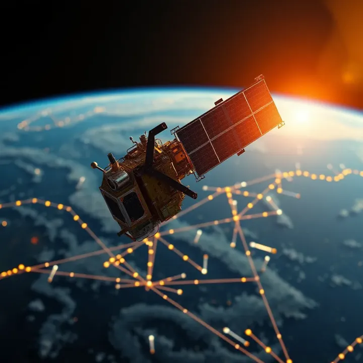 Satellite orbiting Earth highlighting communication networks over South Africa