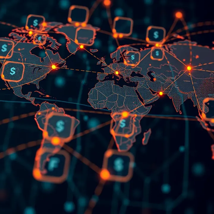 Conceptual representation of global currency exchange connecting major financial hubs
