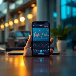 Forex Trading Application Interface on Mobile Device Smartphone displaying forex trading application interface with charts and currency pairs