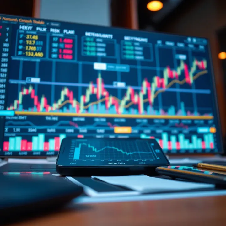 Illustration of forex trading concepts including charts, currency pairs, and risk management tools