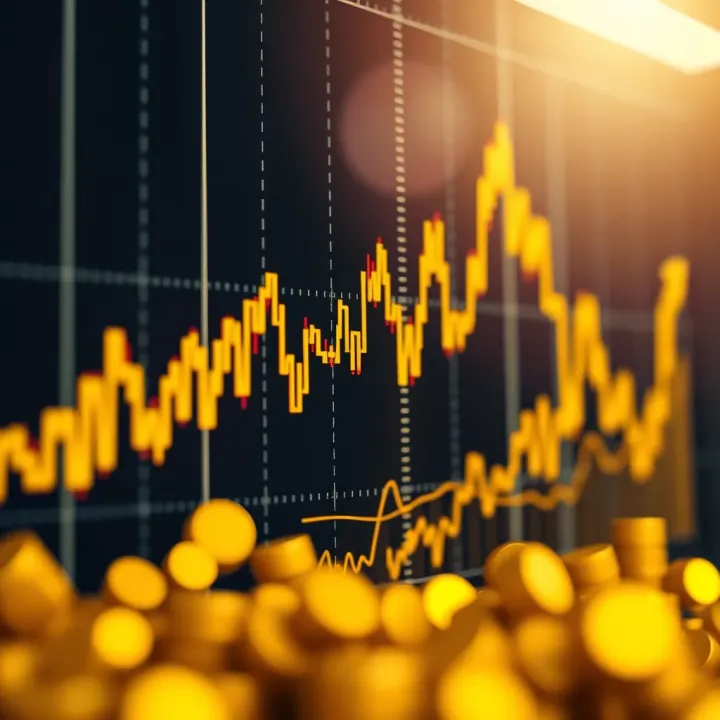 Graph showing rising and falling trends in gold prices with market indicators