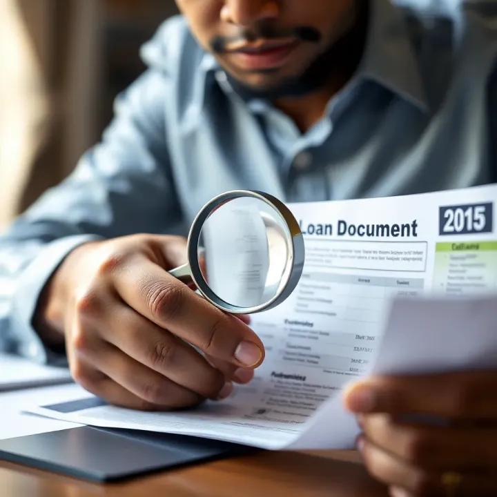 Examining Loan Documents to Verify Legitimacy Close-up of a South African borrower reviewing a loan document with a magnifying glass