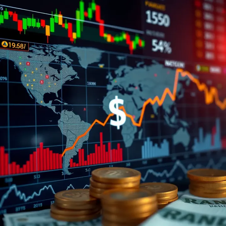 Illustration of financial charts and currency symbols representing global and South African economic influences