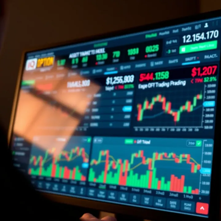 User interface of IQ Option trading platform showing various asset categories and live market charts