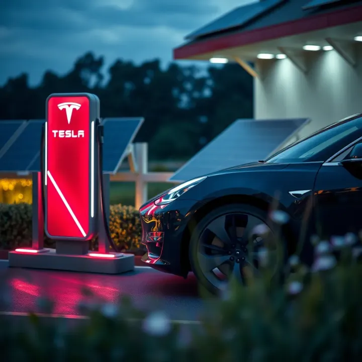 Electric car charging at a modern station surrounded by renewable energy sources