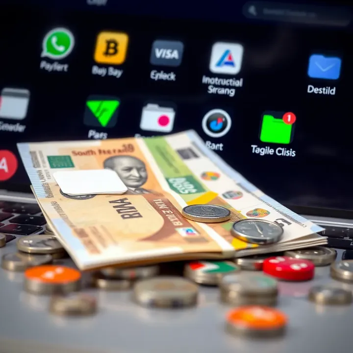 A collection of South African Rand banknotes alongside various online payment method icons on a digital background