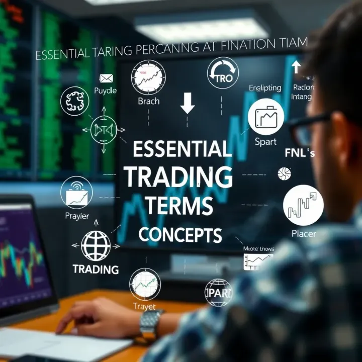 Graphic showing key trading terms and financial icons