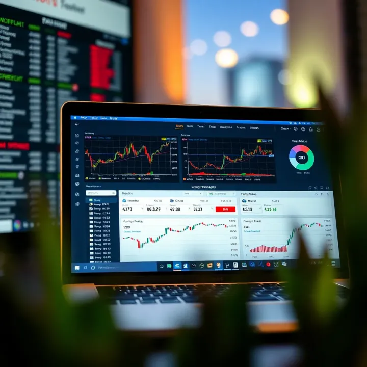 Illustration of a laptop displaying a trading simulation platform with charts and tools